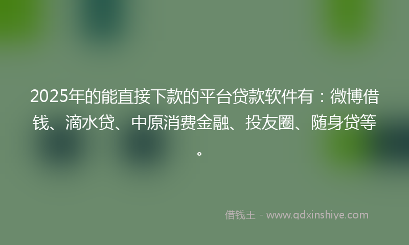2025年的能直接下款的平台贷款软件有：微博借钱、滴水贷、中原消费金融、投友圈、随身贷等。