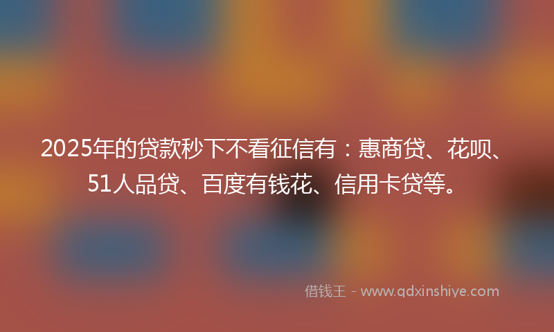 2025年的贷款秒下不看征信有：惠商贷、花呗、51人品贷、百度有钱花、信用卡贷等。