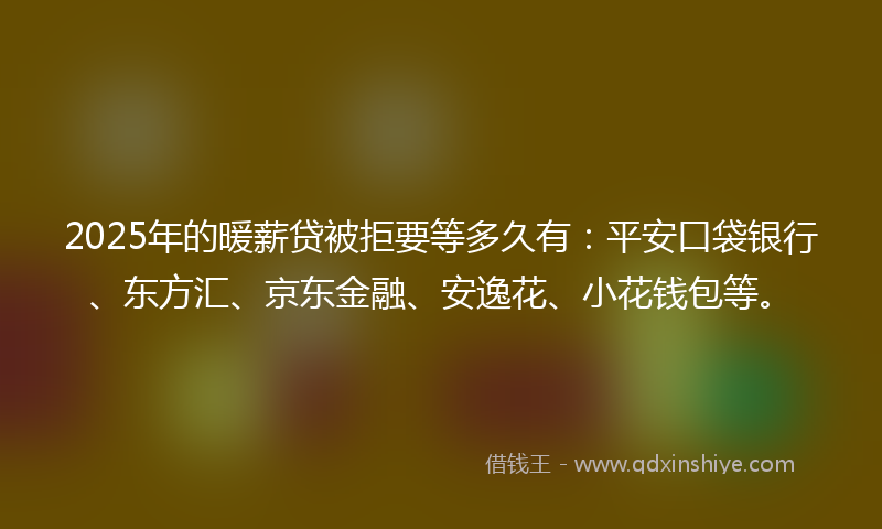 2025年的暖薪贷被拒要等多久有：平安口袋银行、东方汇、京东金融、安逸花、小花钱包等。