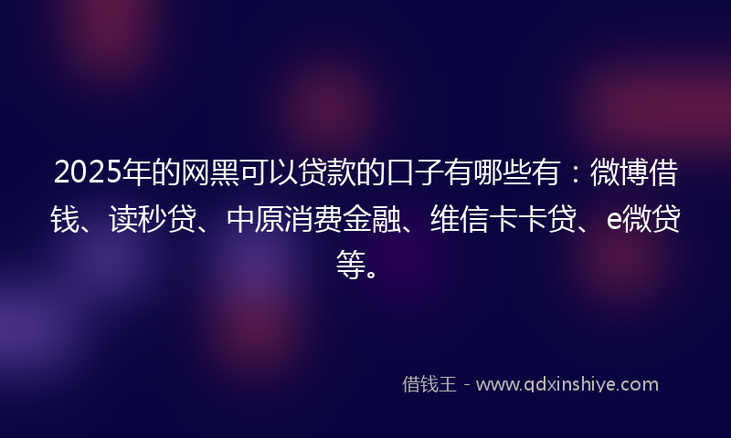 2025年的网黑可以贷款的口子有哪些有：微博借钱、读秒贷、中原消费金融、维信卡卡贷、e微贷等。