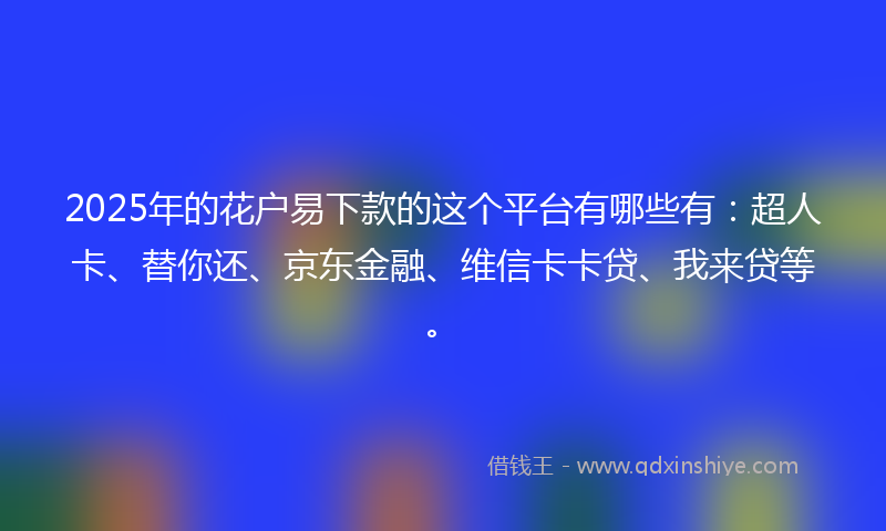2025年的花户易下款的这个平台有哪些有：超人卡、替你还、京东金融、维信卡卡贷、我来贷等。