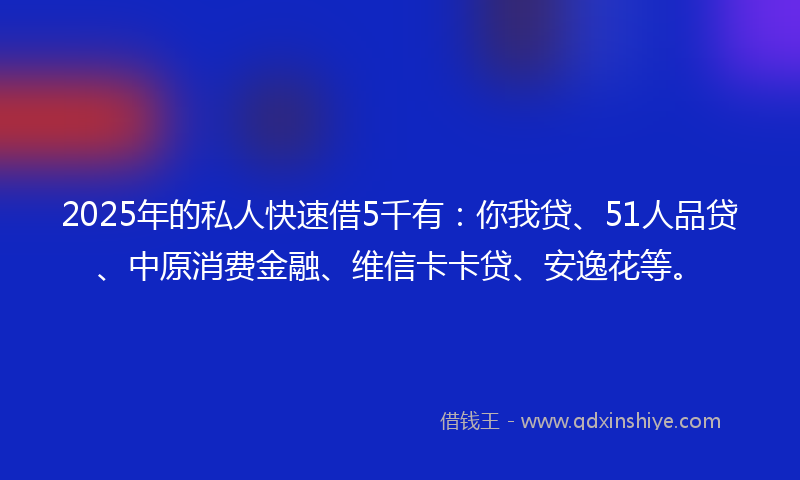 2025年的私人快速借5千有：你我贷、51人品贷、中原消费金融、维信卡卡贷、安逸花等。