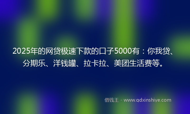 2025年的网贷极速下款的口子5000有：你我贷、分期乐、洋钱罐、拉卡拉、美团生活费等。