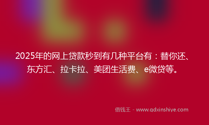 2025年的网上贷款秒到有几种平台有：替你还、东方汇、拉卡拉、美团生活费、e微贷等。