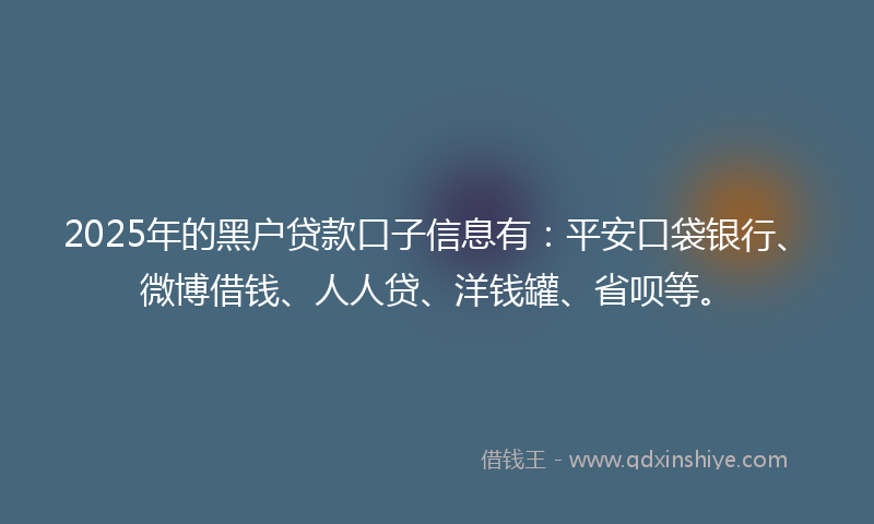 2025年的黑户贷款口子信息有：平安口袋银行、微博借钱、人人贷、洋钱罐、省呗等。