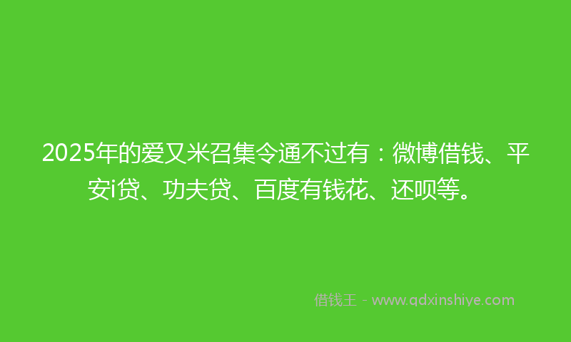 2025年的爱又米召集令通不过有：微博借钱、平安i贷、功夫贷、百度有钱花、还呗等。