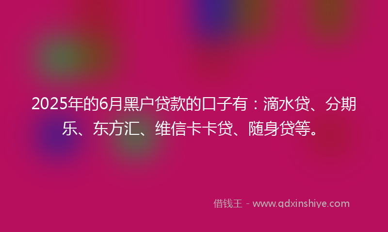 2025年的6月黑户贷款的口子有：滴水贷、分期乐、东方汇、维信卡卡贷、随身贷等。