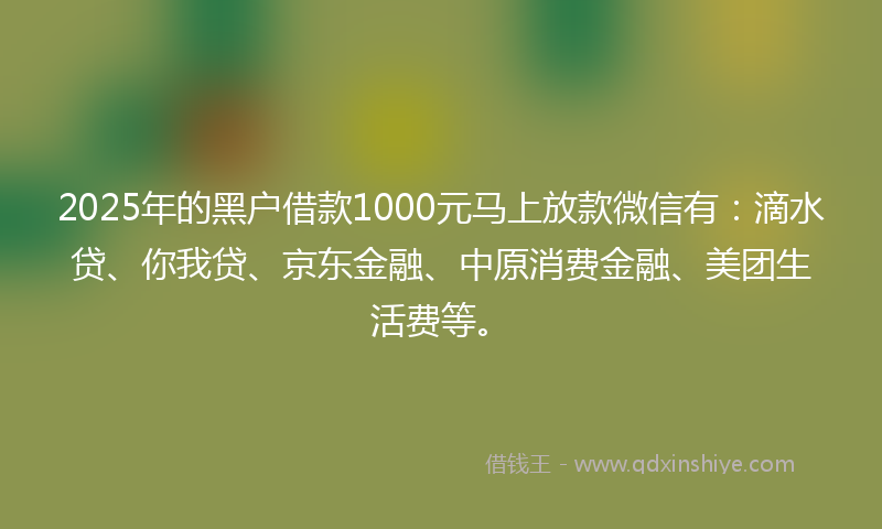 2025年的黑户借款1000元马上放款微信有：滴水贷、你我贷、京东金融、中原消费金融、美团生活费等。