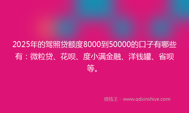 2025年的驾照贷额度8000到50000的口子有哪些有：微粒贷、花呗、度小满金融、洋钱罐、省呗等。