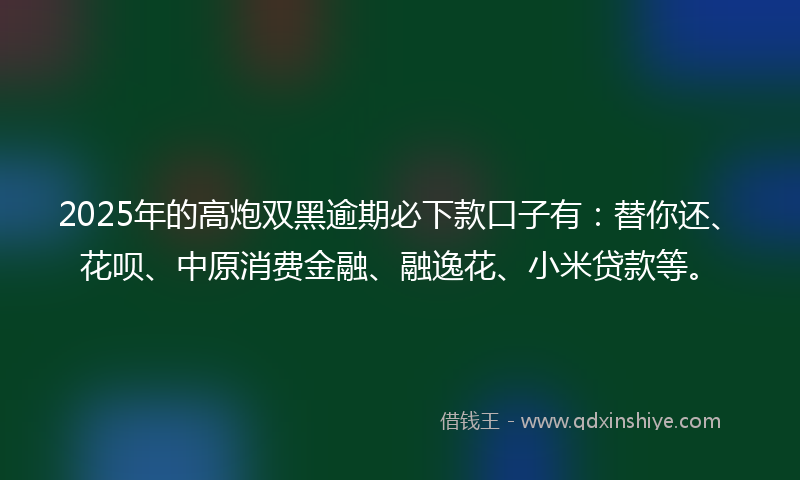 2025年的高炮双黑逾期必下款口子有：替你还、花呗、中原消费金融、融逸花、小米贷款等。