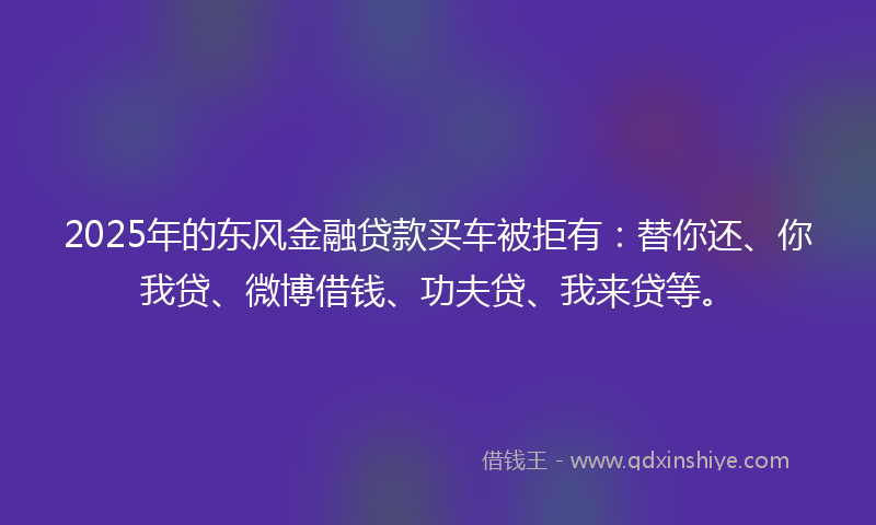 2025年的东风金融贷款买车被拒有：替你还、你我贷、微博借钱、功夫贷、我来贷等。