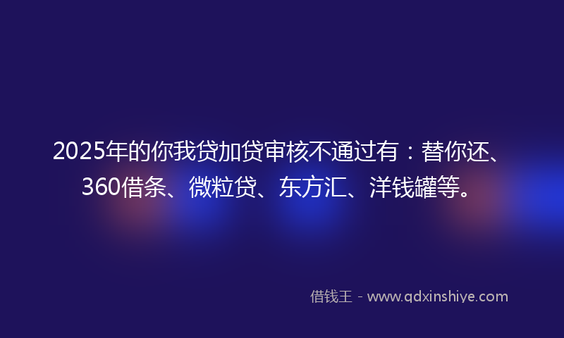 2025年的你我贷加贷审核不通过有：替你还、360借条、微粒贷、东方汇、洋钱罐等。