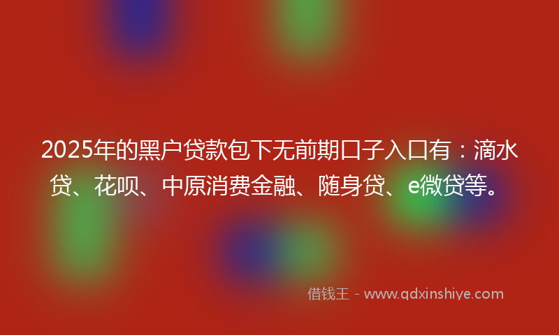 2025年的黑户贷款包下无前期口子入口有：滴水贷、花呗、中原消费金融、随身贷、e微贷等。