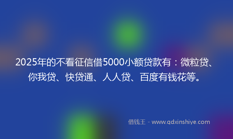 2025年的不看征信借5000小额贷款有：微粒贷、你我贷、快贷通、人人贷、百度有钱花等。