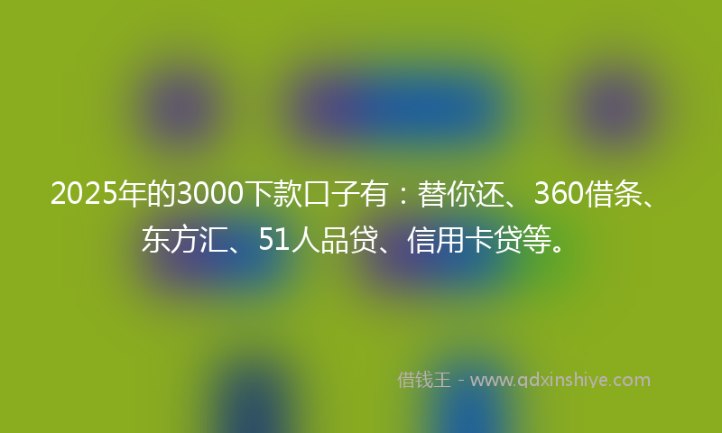 2025年的3000下款口子有：替你还、360借条、东方汇、51人品贷、信用卡贷等。
