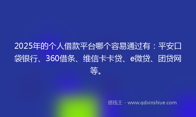 2025年的个人借款平台哪个容易通过有：平安口袋银行、360借条、维信卡卡贷、e微贷、团贷网等。