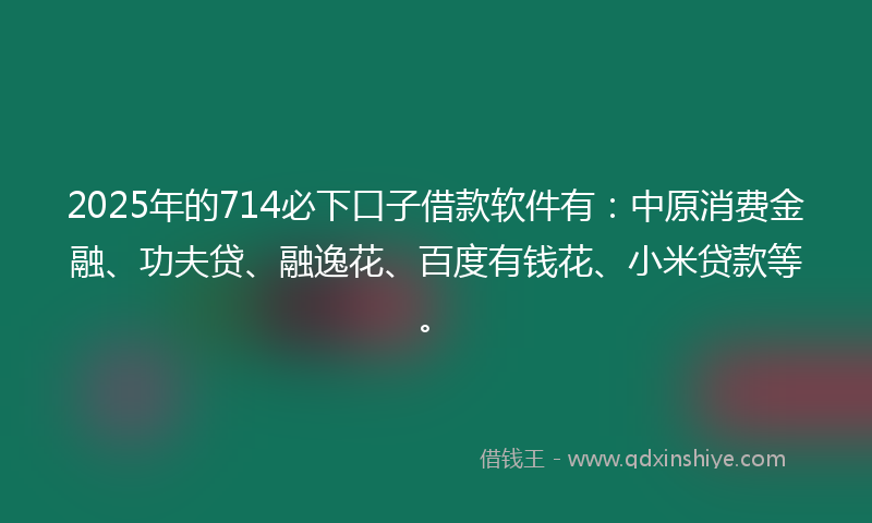 2025年的714必下口子借款软件有：中原消费金融、功夫贷、融逸花、百度有钱花、小米贷款等。