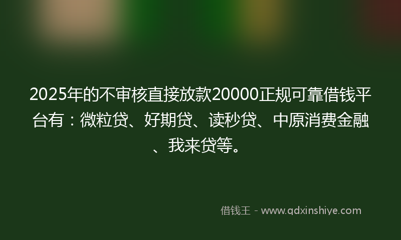 2025年的不审核直接放款20000正规可靠借钱平台有：微粒贷、好期贷、读秒贷、中原消费金融、我来贷等。