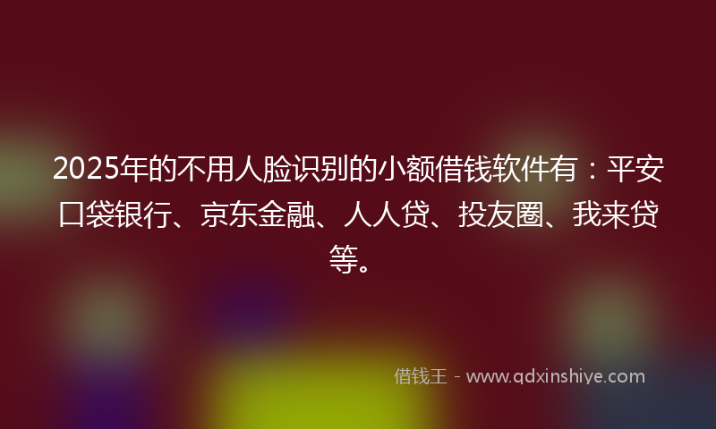 2025年的不用人脸识别的小额借钱软件有：平安口袋银行、京东金融、人人贷、投友圈、我来贷等。