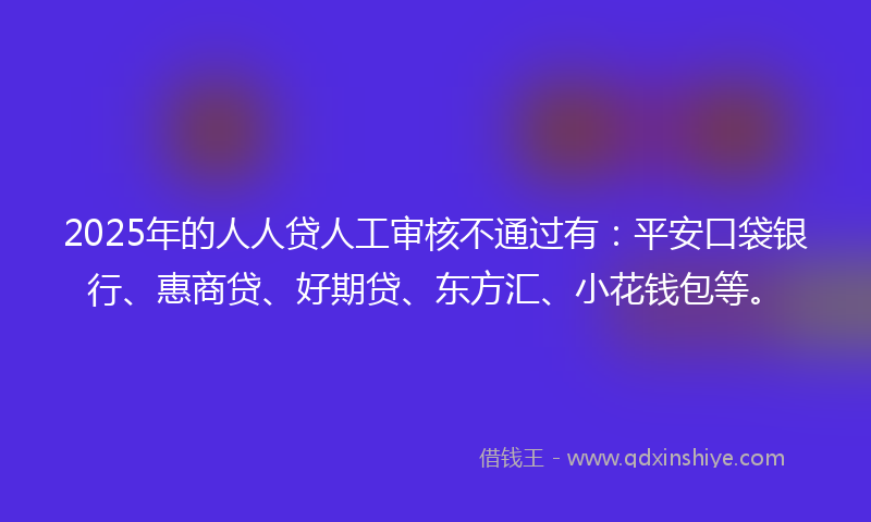 2025年的人人贷人工审核不通过有：平安口袋银行、惠商贷、好期贷、东方汇、小花钱包等。