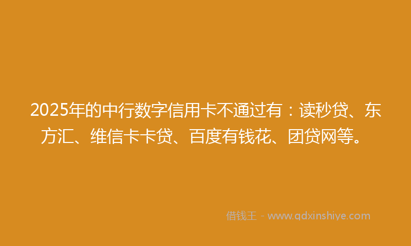 2025年的中行数字信用卡不通过有：读秒贷、东方汇、维信卡卡贷、百度有钱花、团贷网等。