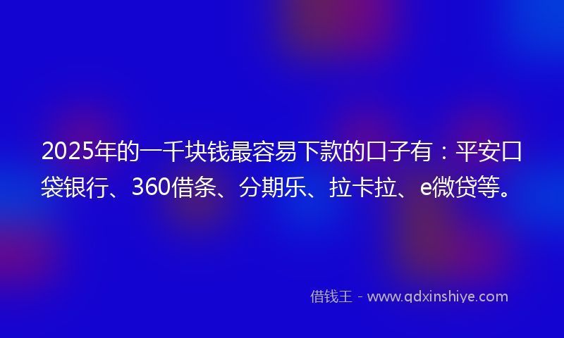 2025年的一千块钱最容易下款的口子有：平安口袋银行、360借条、分期乐、拉卡拉、e微贷等。