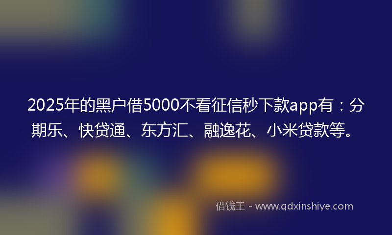 2025年的黑户借5000不看征信秒下款app有：分期乐、快贷通、东方汇、融逸花、小米贷款等。