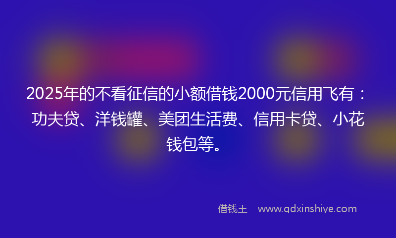 2025年的不看征信的小额借钱2000元信用飞有：功夫贷、洋钱罐、美团生活费、信用卡贷、小花钱包等。