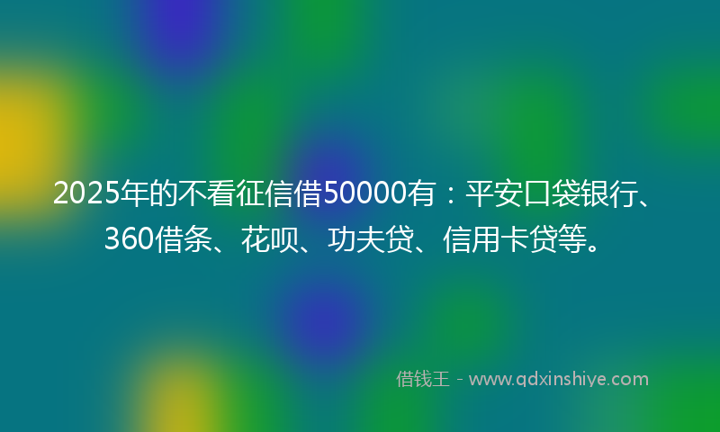 2025年的不看征信借50000有：平安口袋银行、360借条、花呗、功夫贷、信用卡贷等。