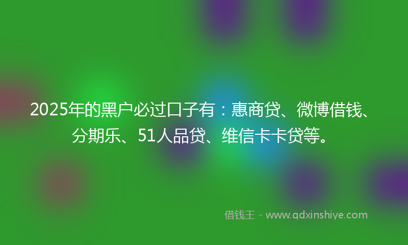 2025年的黑户必过口子有：惠商贷、微博借钱、分期乐、51人品贷、维信卡卡贷等。