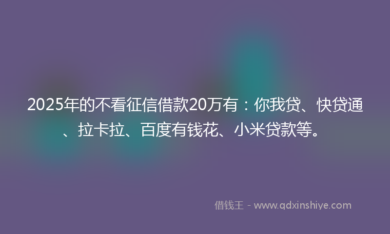 2025年的不看征信借款20万有：你我贷、快贷通、拉卡拉、百度有钱花、小米贷款等。