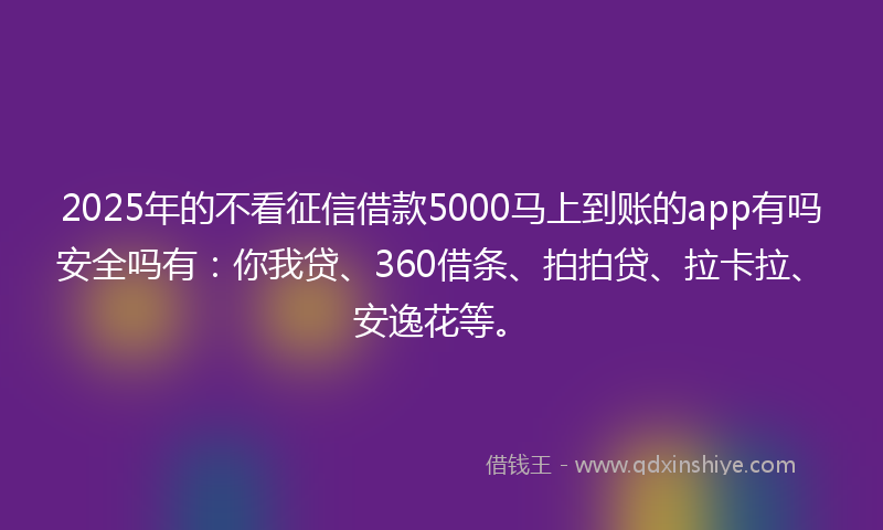 2025年的不看征信借款5000马上到账的app有吗安全吗有：你我贷、360借条、拍拍贷、拉卡拉、安逸花等。