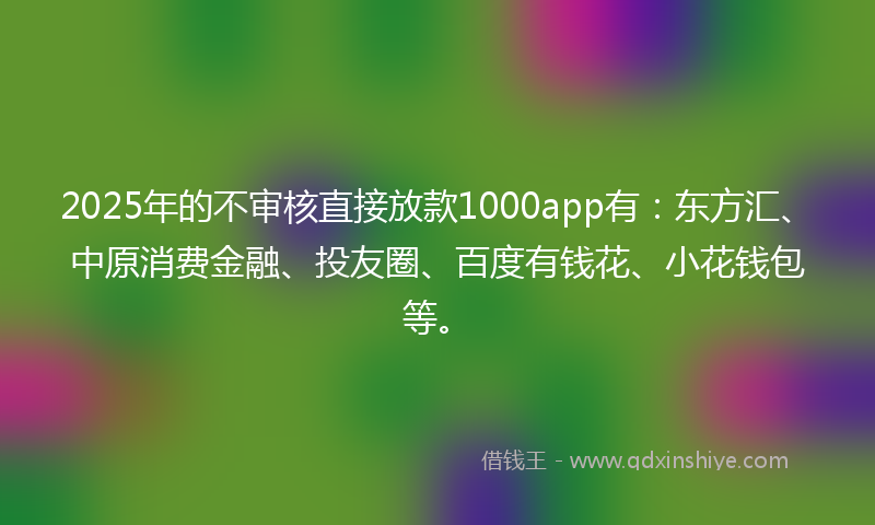 2025年的不审核直接放款1000app有：东方汇、中原消费金融、投友圈、百度有钱花、小花钱包等。