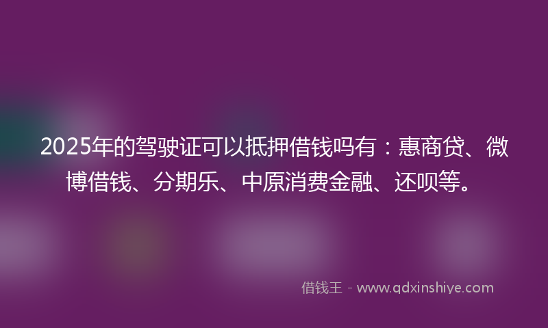 2025年的驾驶证可以抵押借钱吗有：惠商贷、微博借钱、分期乐、中原消费金融、还呗等。