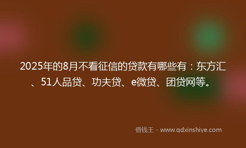 2025年的8月不看征信的贷款有哪些有：东方汇、51人品贷、功夫贷、e微贷、团贷网等。