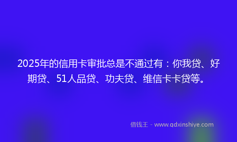 2025年的信用卡审批总是不通过有：你我贷、好期贷、51人品贷、功夫贷、维信卡卡贷等。