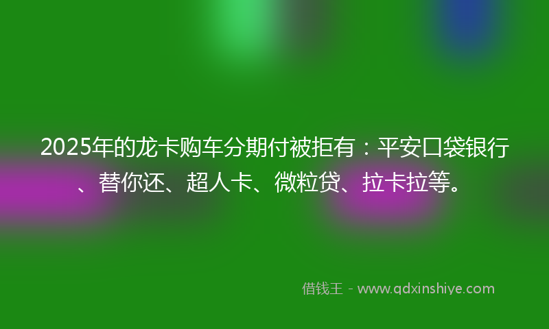2025年的龙卡购车分期付被拒有：平安口袋银行、替你还、超人卡、微粒贷、拉卡拉等。