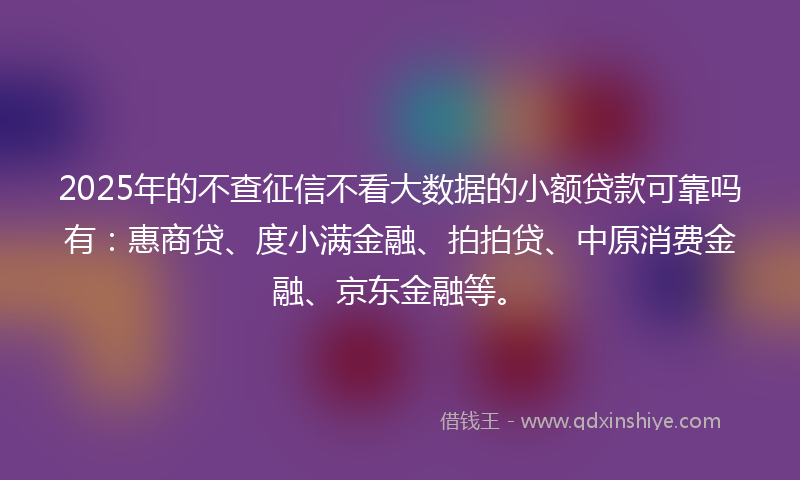 2025年的不查征信不看大数据的小额贷款可靠吗有：惠商贷、度小满金融、拍拍贷、中原消费金融、京东金融等。