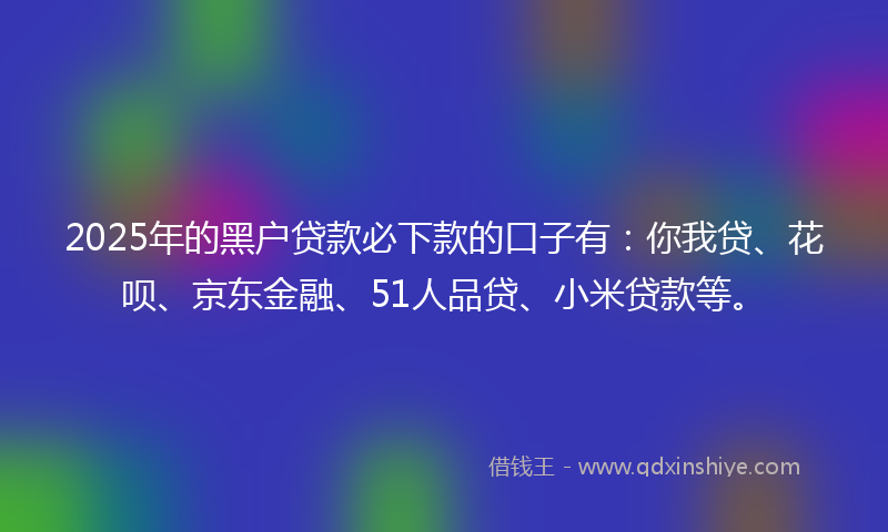 2025年的黑户贷款必下款的口子有：你我贷、花呗、京东金融、51人品贷、小米贷款等。