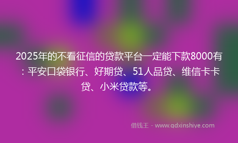 2025年的不看征信的贷款平台一定能下款8000有：平安口袋银行、好期贷、51人品贷、维信卡卡贷、小米贷款等。