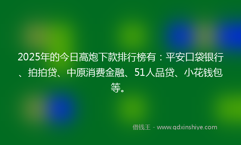 2025年的今日高炮下款排行榜有：平安口袋银行、拍拍贷、中原消费金融、51人品贷、小花钱包等。