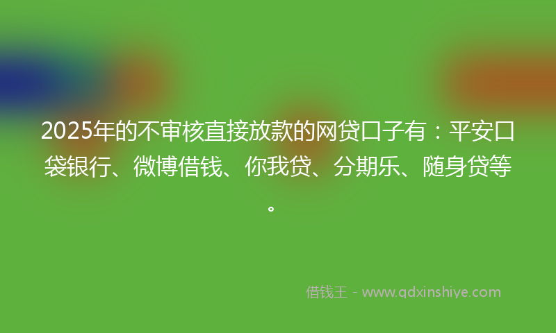 2025年的不审核直接放款的网贷口子有：平安口袋银行、微博借钱、你我贷、分期乐、随身贷等。