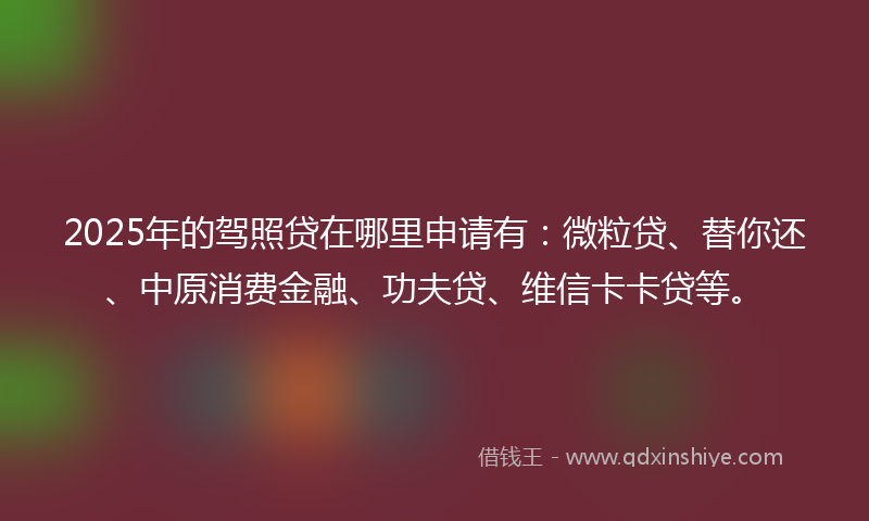 2025年的驾照贷在哪里申请有：微粒贷、替你还、中原消费金融、功夫贷、维信卡卡贷等。