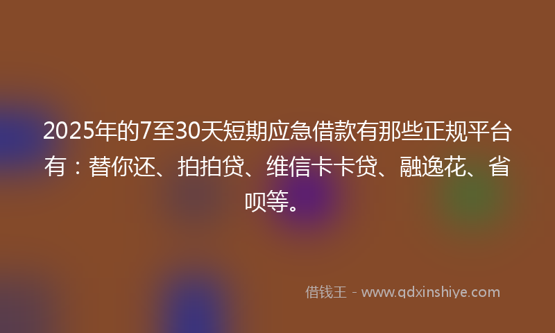 2025年的7至30天短期应急借款有那些正规平台有：替你还、拍拍贷、维信卡卡贷、融逸花、省呗等。