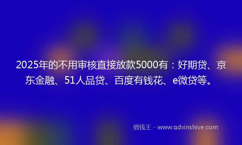 2025年的不用审核直接放款5000有：好期贷、京东金融、51人品贷、百度有钱花、e微贷等。
