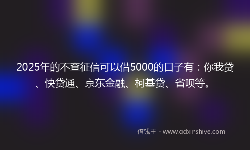 2025年的不查征信可以借5000的口子有：你我贷、快贷通、京东金融、柯基贷、省呗等。