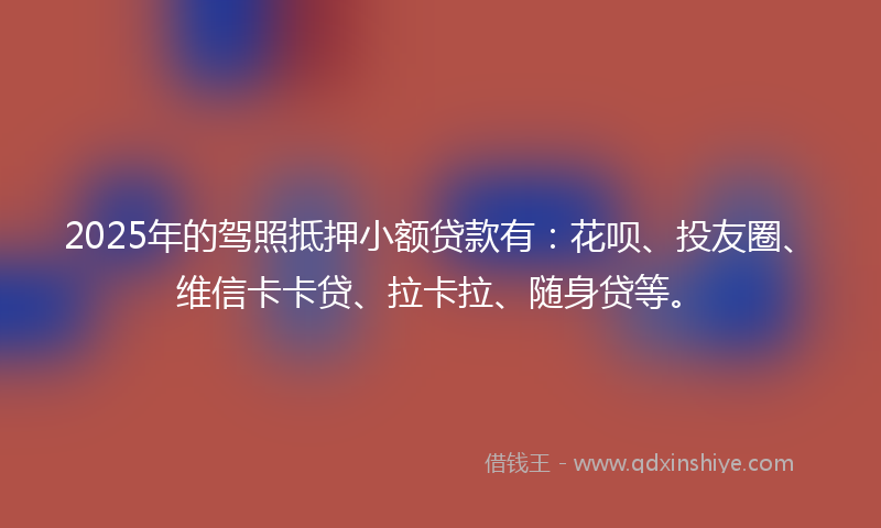 2025年的驾照抵押小额贷款有：花呗、投友圈、维信卡卡贷、拉卡拉、随身贷等。