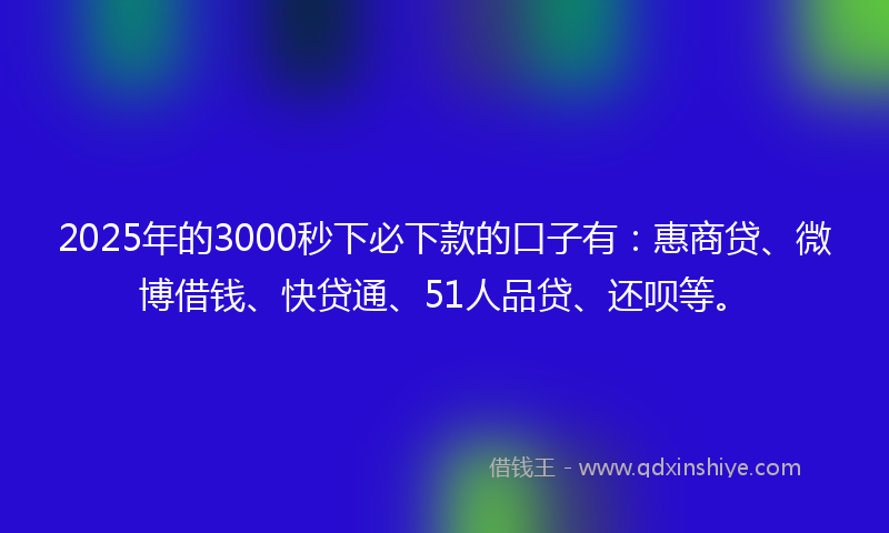 2025年的3000秒下必下款的口子有：惠商贷、微博借钱、快贷通、51人品贷、还呗等。