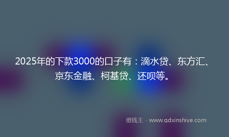 2025年的下款3000的口子有：滴水贷、东方汇、京东金融、柯基贷、还呗等。