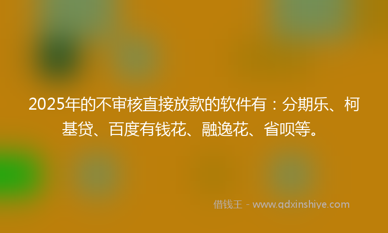 2025年的不审核直接放款的软件有：分期乐、柯基贷、百度有钱花、融逸花、省呗等。
